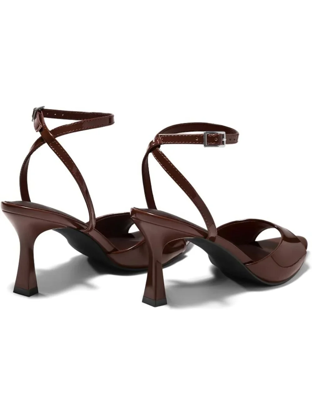 Women's Coffee Faux Leather Summer Pointed Open Toe Buckle Strap Heeled Sandals